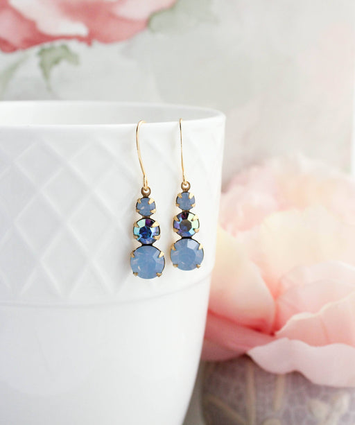 Vintage Glass Earrings -Three Jewel - Shades of Blue
