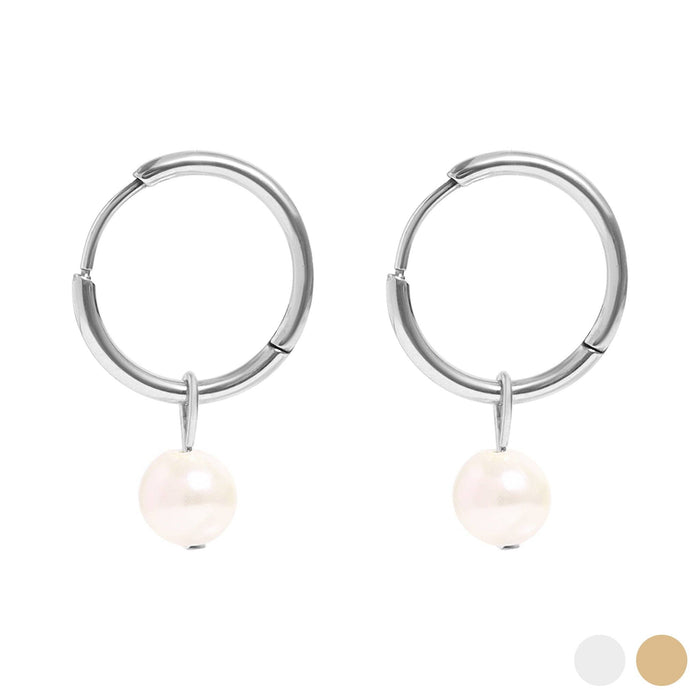 18K Gold PVD Stainless Steel Pearl Charm Huggie Hoop Earrings / ERJ0027