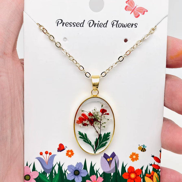Pressed Dried Flowers Oval Pendant Necklace