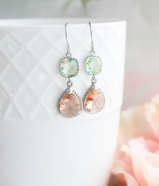 Mint and Peach Earrings | Two Jewel Teardrop Silver Earrings
