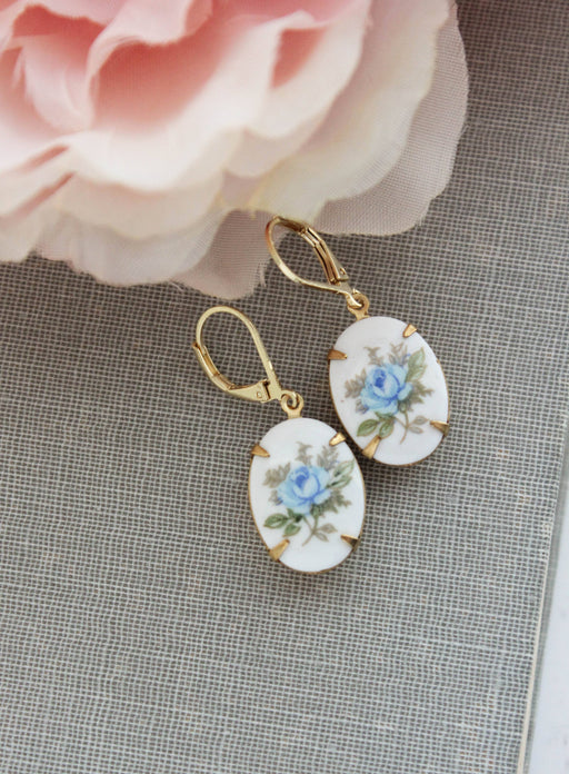 Blue Rose Cameo Earrings