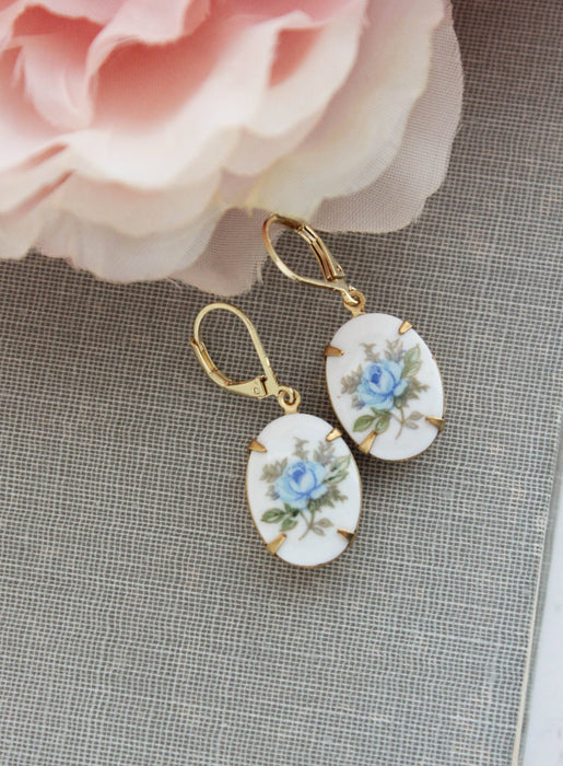 Blue Rose Cameo Earrings