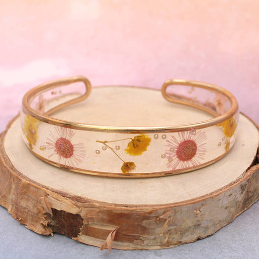 Yellow & Pink Dried Flower Gold Cuff Bracelet