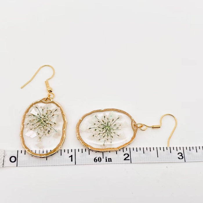 Queen Anne's Lace Dried Flowers Irregular Oval Earrings