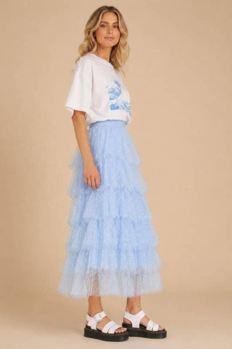 TIERED TULLE MESH MAXI-MIDI SKIRT