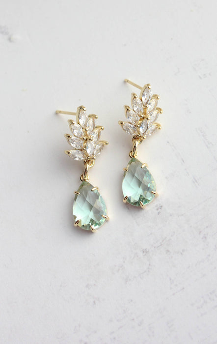 Glass Leaf Earrings | Rhinestone Studs | Gold