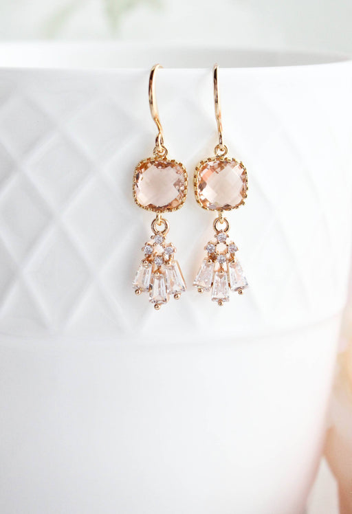 Art Deco Fan Earrings | Sparkling Glass | Peach Blush