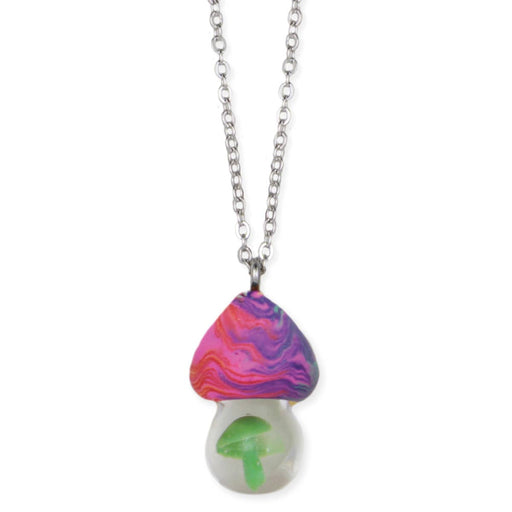 Pink Clay & Glass Mushroom Silver Necklace