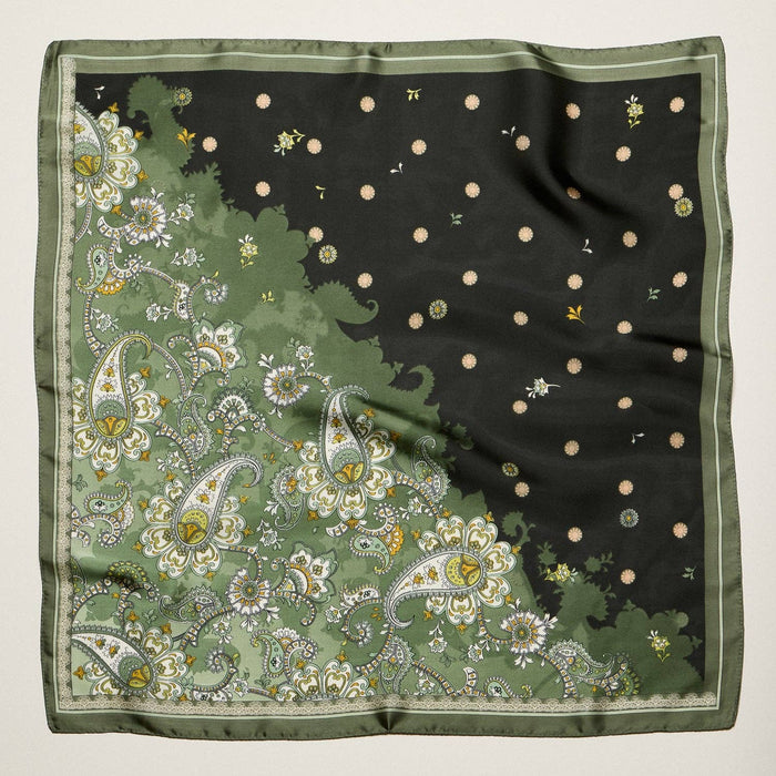 Vintage Paisley Polka Dot Square Scarf | Blue & Olive Elegant Silk-Feel Neck Hair Scarf