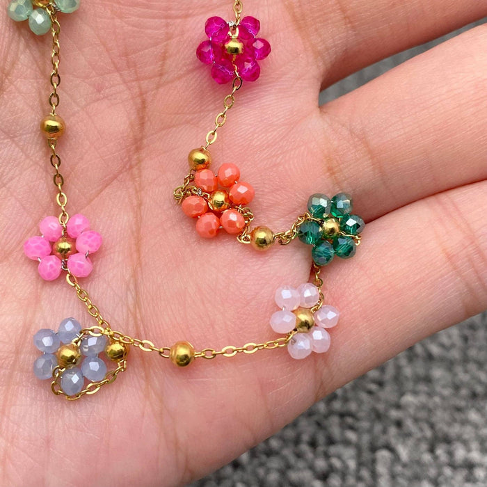 7 Color Glass Beaded Flowers 18K Gold Plated SS Necklace-FGS