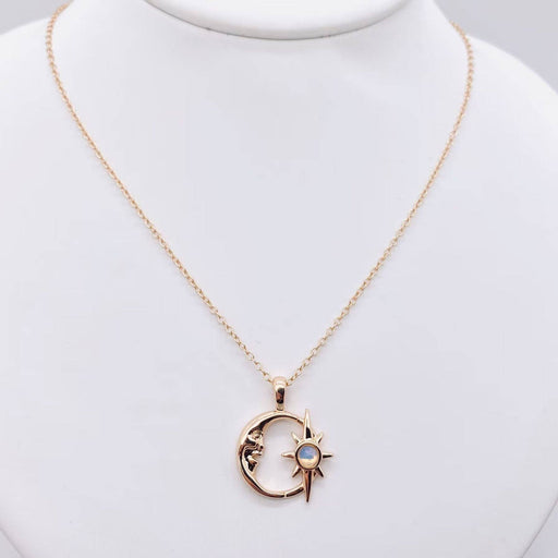 Hollow Star Moon Inlaid Opal Gold Plated Necklace - MS