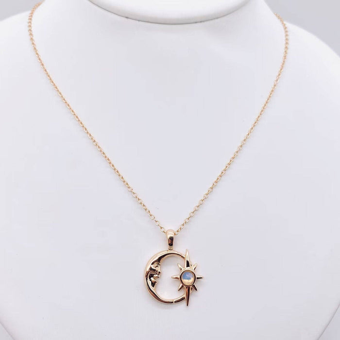 Hollow Star Moon Inlaid Opal Gold Plated Necklace - MS
