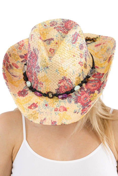 Floral Print Raffia Straw Cowboy Hat