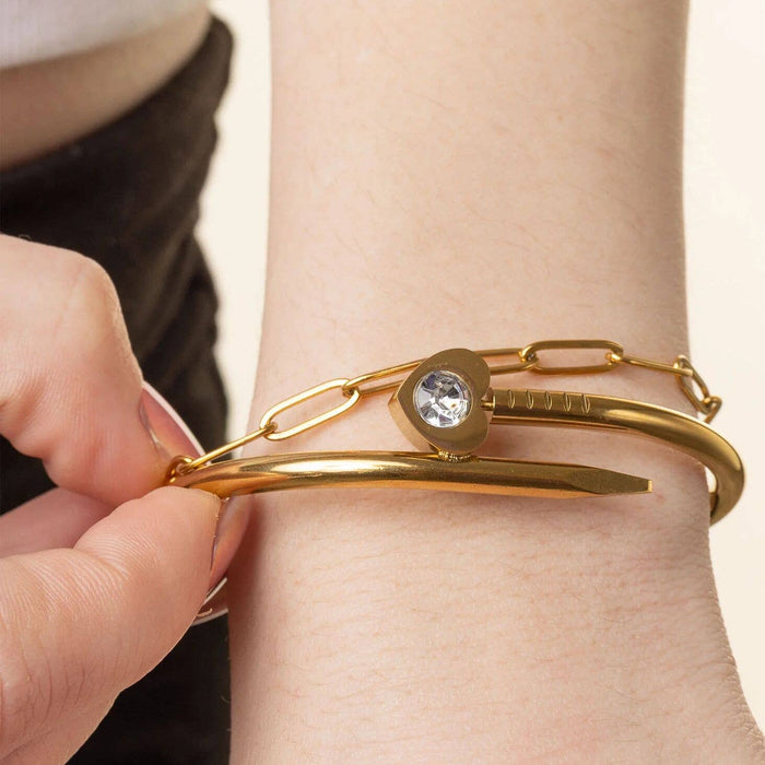 18K Gold PVD Stainless Steel Heart with Stone Bangle