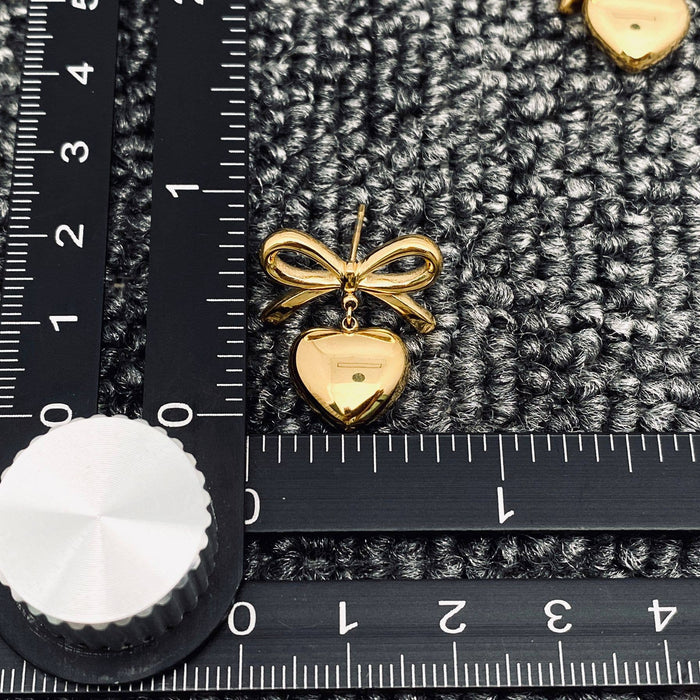 18K Gold Plated Heart Shape Charm Bow Post Earrings - FGS