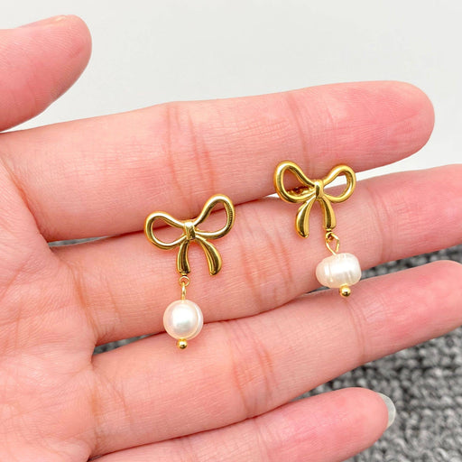 FGS - Pearl Charm18K Gold Plated SS Bow Post Earrings