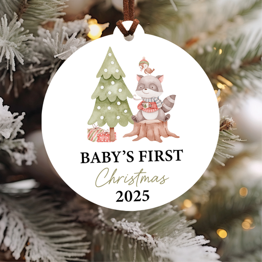 Baby's First Christmas Ornament 2025 | Woodland Racoon