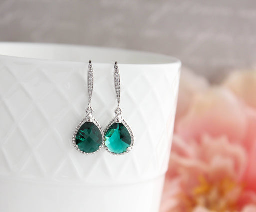 Emerald Green Glass Earrings - Jewel Ear Wire - Rope Setting
