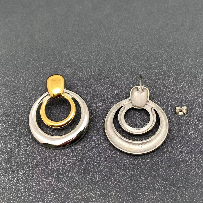 Two Tone 18K Gold Plated SS Hollow Round Post Earrings