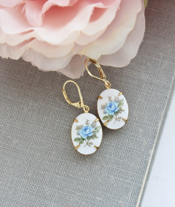 Blue Rose Cameo Earrings