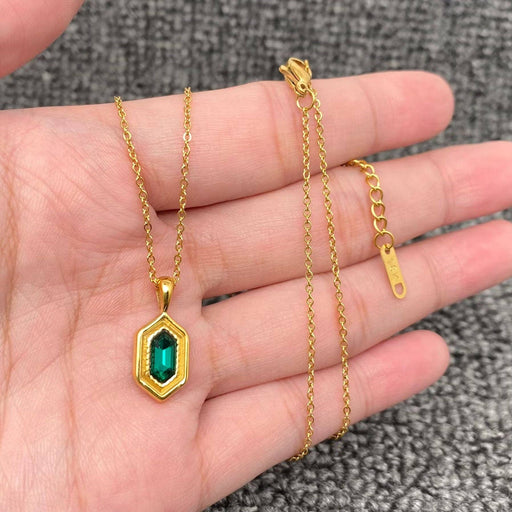 Inlaid Green Glass Hexagon Charm18K Golden SS Necklace - FGS