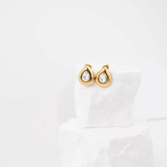 18K Gold Stainless Steel Clear Stone Tear Drop Stud Earrings