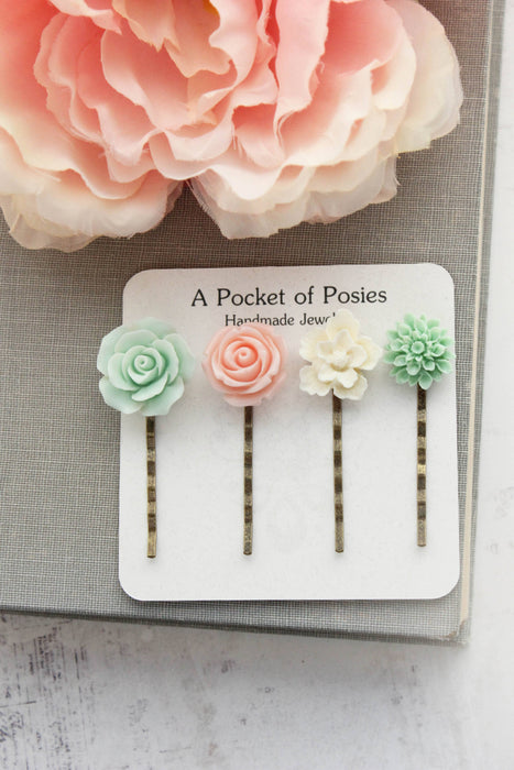 Flower Bobby Pins | Pastel Pink and Mint | Floral Hair Pins
