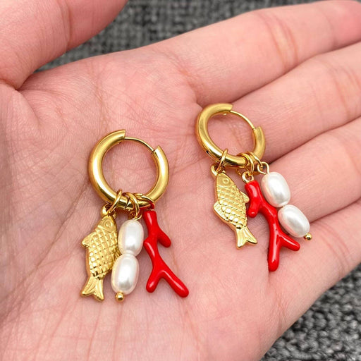 Fish & Pearls & Coral 18K Gold Plated SS Huggie Earrings - FGS