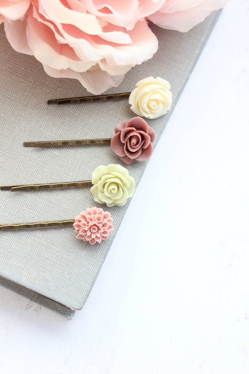 Flower Bobby Pins | Rose Hair Pins | Dusty Rose and Green