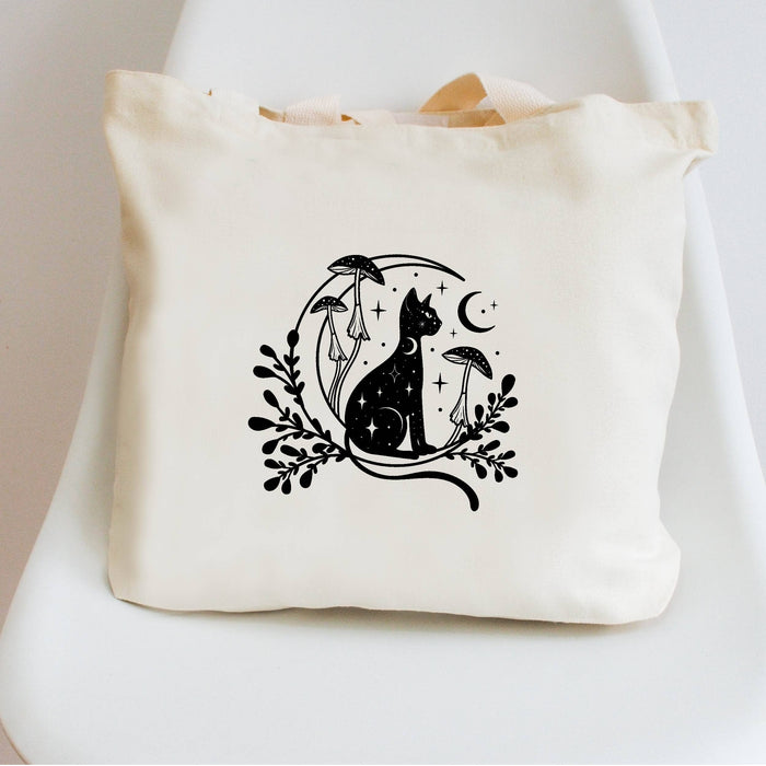 Celestial Cat Tote Bag - Moon & Mushroom Canvas Bag