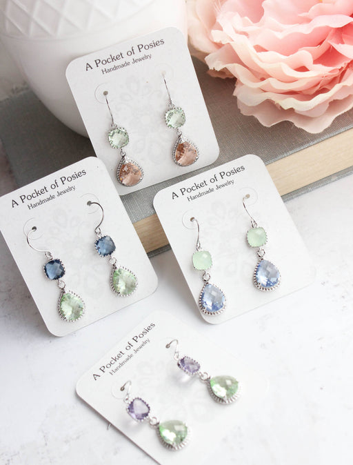 Mint and Peach Earrings | Two Jewel Teardrop Silver Earrings