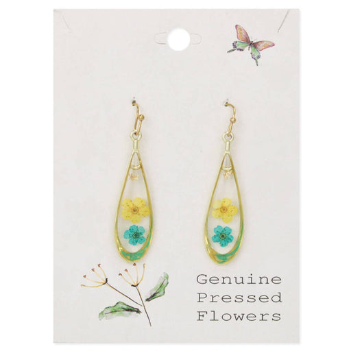 Yellow Flower Gold Teardrop Dried Flower Earrings