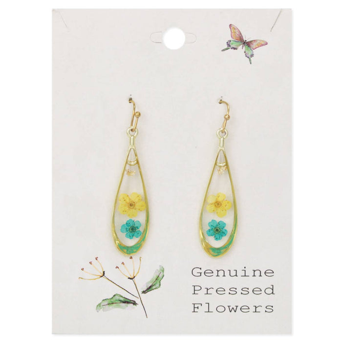 Yellow Flower Gold Teardrop Dried Flower Earrings