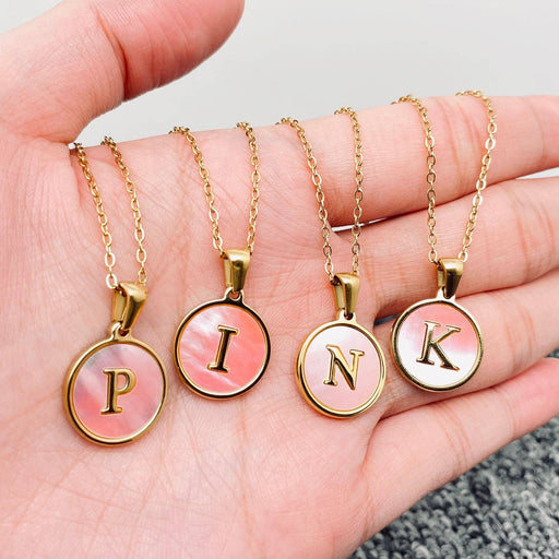 Pink Shell Initial 18K Gold Plated SS Round Charm Necklace