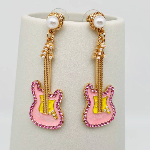 Pink Rhinestone Enamel Guitar Post Earrings - WJ