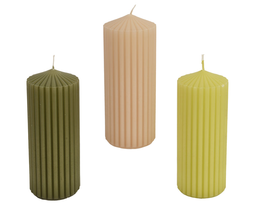 Candle Pillar 15x6cm Green/Tan/Yellow