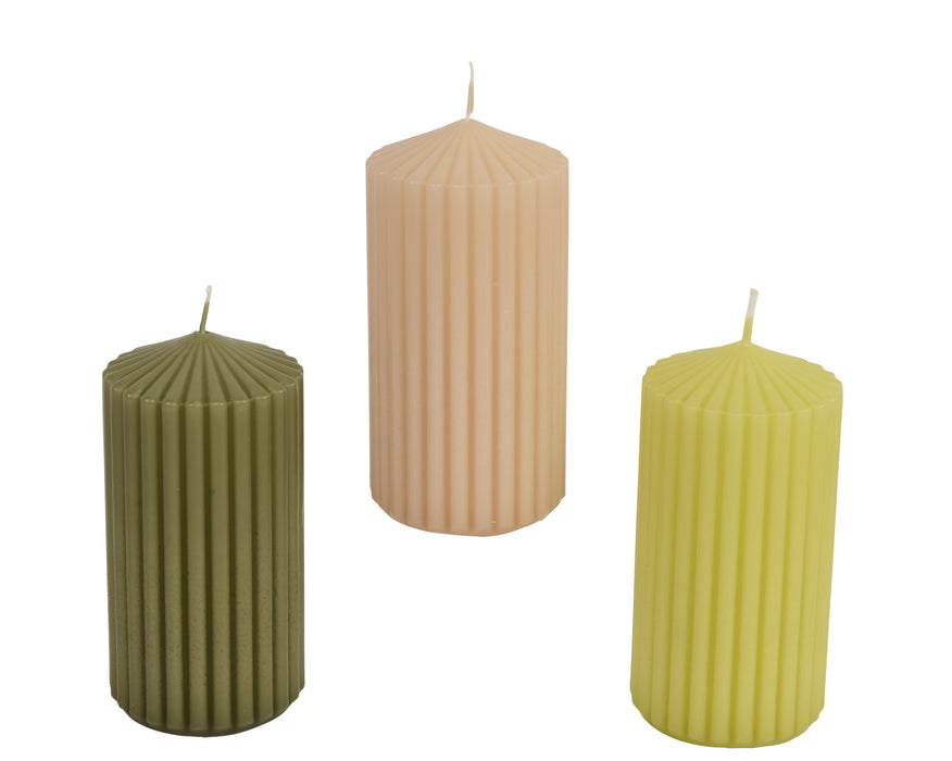Candle Pillar 12x6cm Green/Tan/Yellow