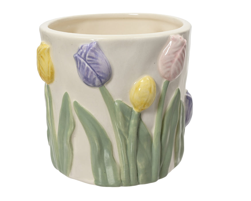 Planter White w/Tulips 10cm
