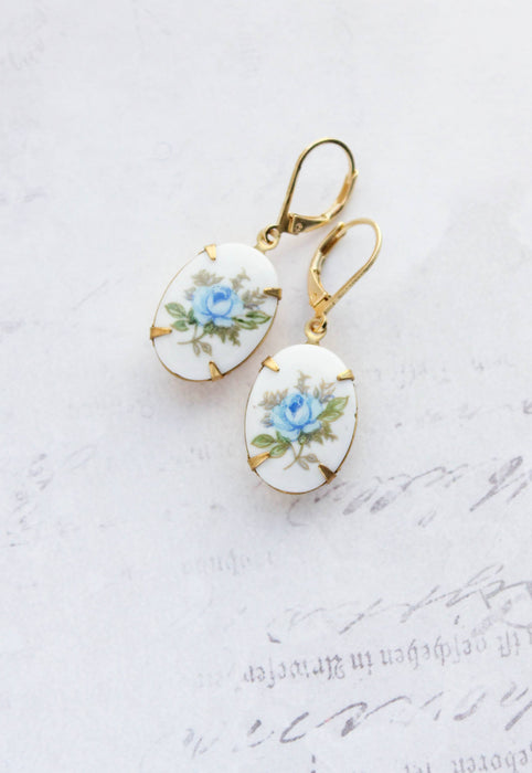 Blue Rose Cameo Earrings
