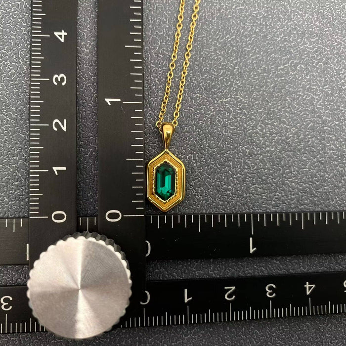 Inlaid Green Glass Hexagon Charm18K Golden SS Necklace - FGS