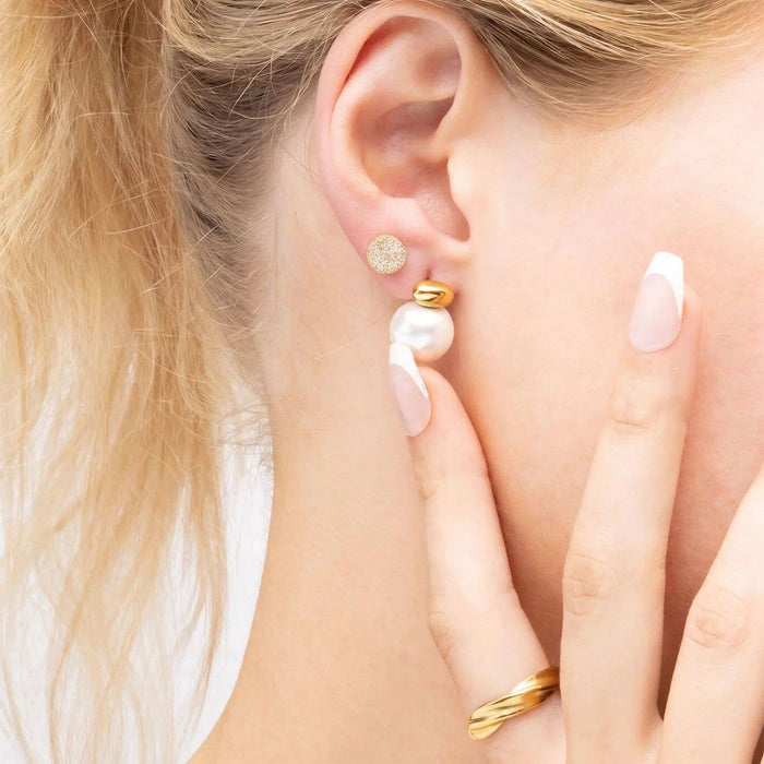 18K Gold PVD Stainless Steel 12mm glass Pearl Stud Earrings