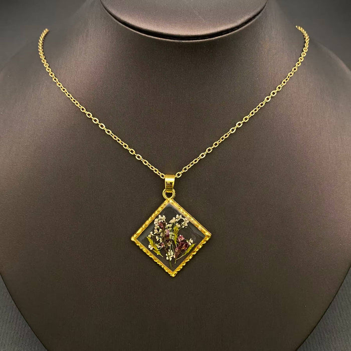 Dried Flower Rhombus Charm 18K Gold Plated Necklace