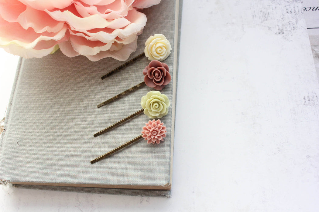Flower Bobby Pins | Rose Hair Pins | Dusty Rose and Green
