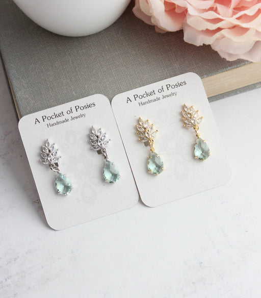 Glass Leaf Earrings | Rhinestone Studs | Gold
