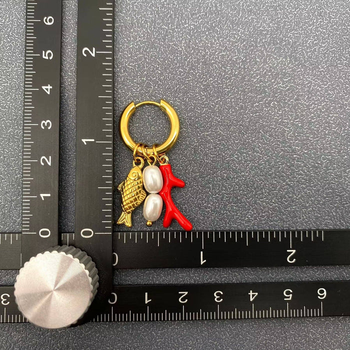 Fish & Pearls & Coral 18K Gold Plated SS Huggie Earrings - FGS