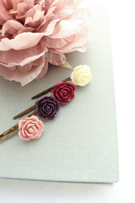 Rose Bobby Pins - Maroon and Purple
