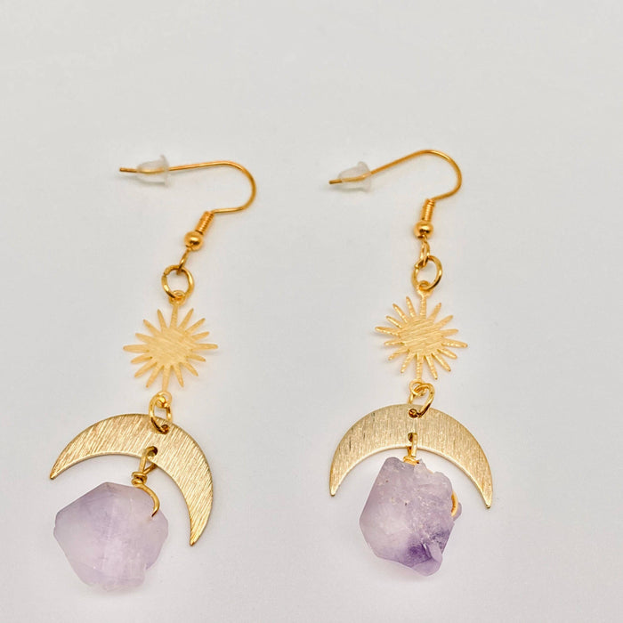 Purple Crystal Pendant Moon Earrings Bohemian Style - MS