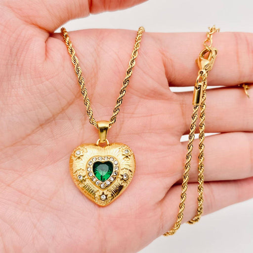 Green Zircon 18K Gold plated Textured Heart Necklace - FGS