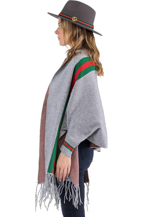 Tri-Stripe Faux Cashmere Cardigan Sweater Shrug Poncho: Gray