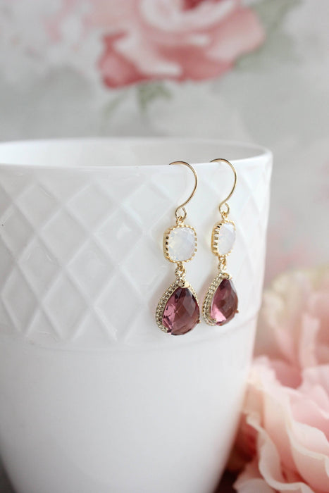 Opal Glass Earrings | Modern Earrings | Dusty Plum Teardrop